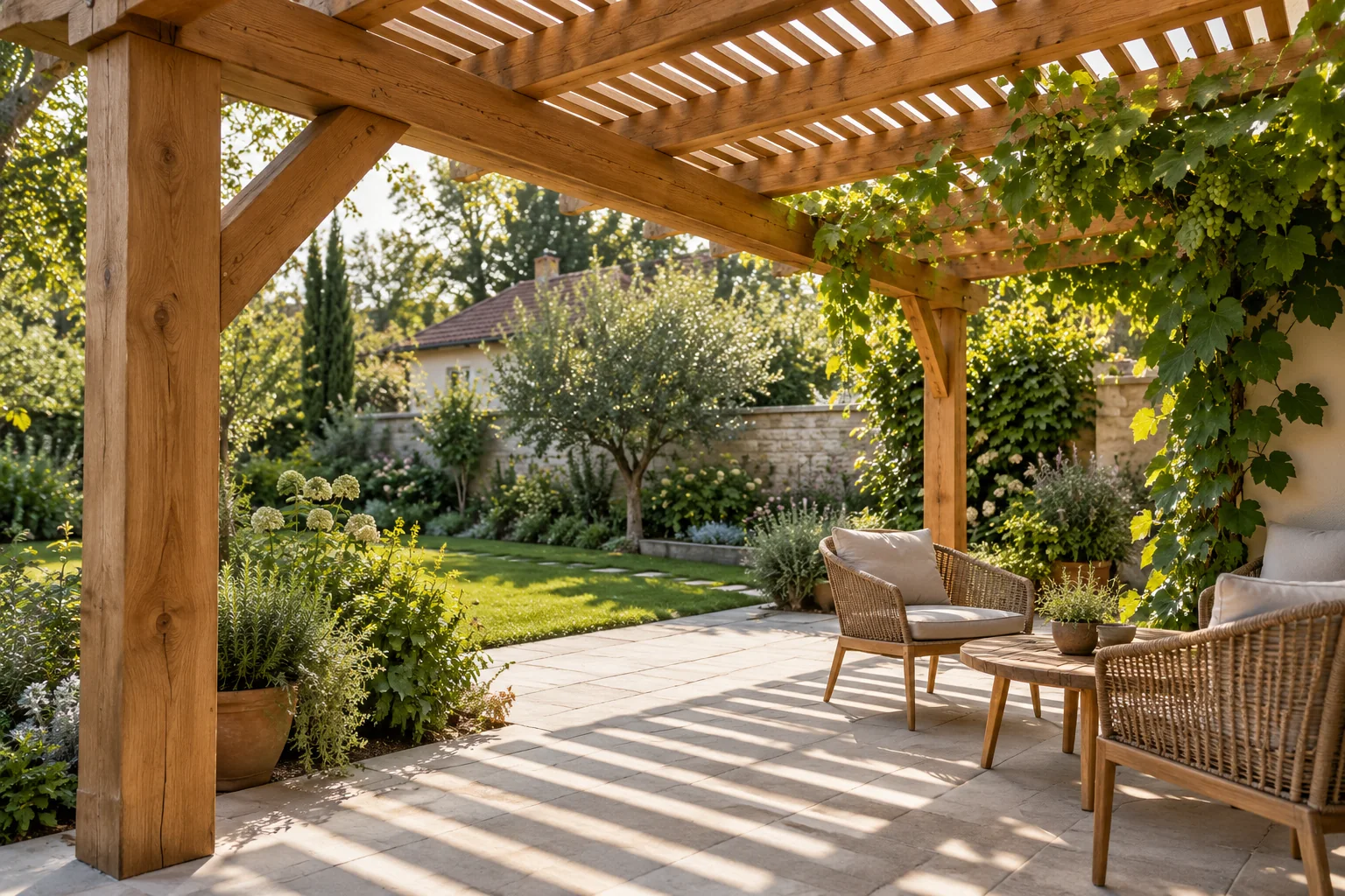 Árnyékos pihenőhely fa pergola alatt – AI-illusztráció